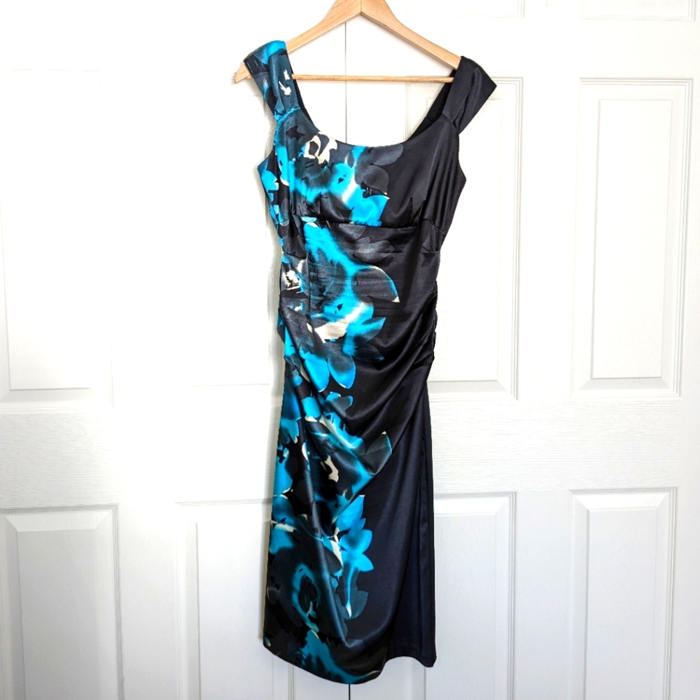 London Times women's black teal cap sleeve rouching midi dress size 10.